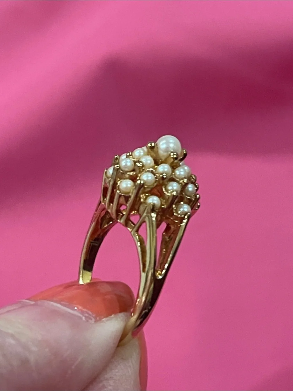 Pearl 18K Gold Filled Stamped Cluster Vintage Cocktail Ring with Creamy Pearls